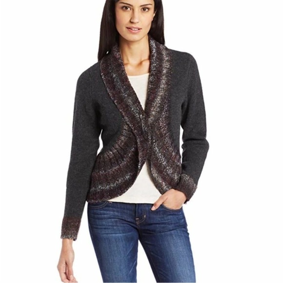 Woolrich Lambswool Open Front Cardigan Sweater M Gray Marled Trim Fall Cozycore - Picture 7 of 12